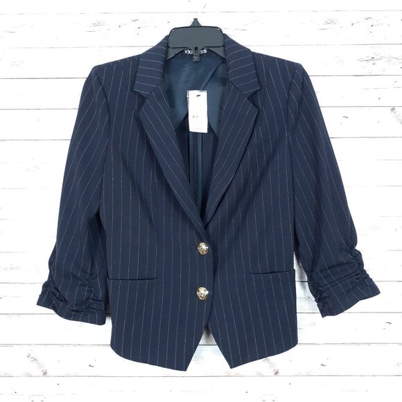 Express Jackets & Blazers - Express Womens Cropped Blazer Size 6 Navy Pinstripe Ruched Sleeve Pockets 854